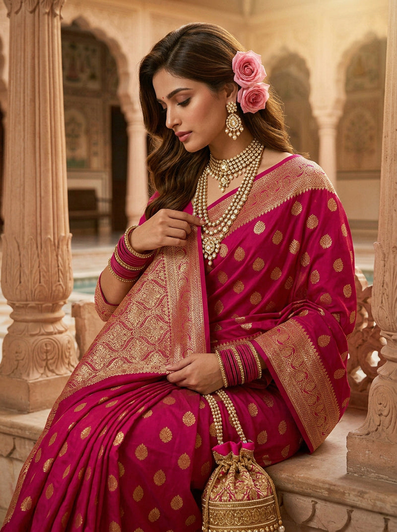 Rani Pink Banarasi Silk Saree with Golden Zari Butti Work, Broad Woven Border & Rich Designer Pallu for Women