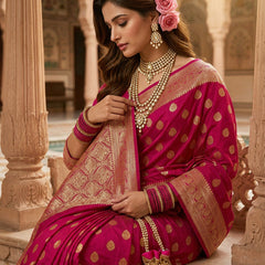 Rani Pink Banarasi Silk Saree with Golden Zari Butti Work, Broad Woven Border & Rich Designer Pallu for Women