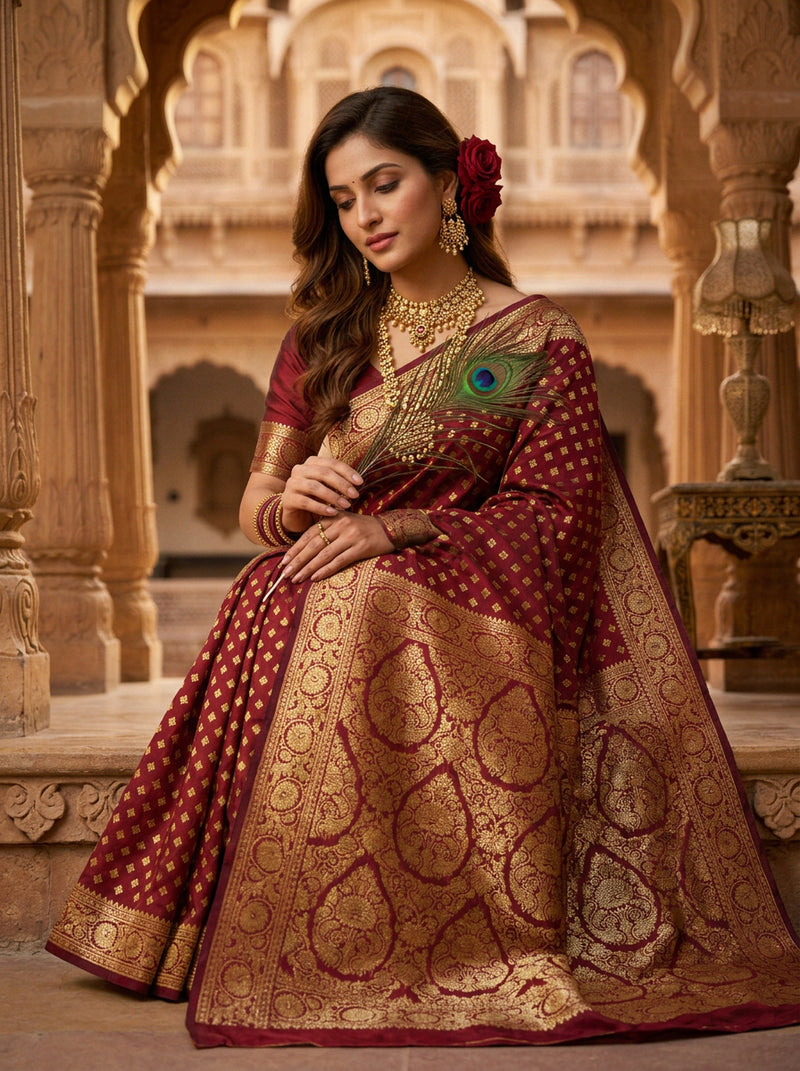 Maroon Banarasi Silk Saree with Golden Zari Butti Work, Traditional Woven Border & Rich Pallu for Women