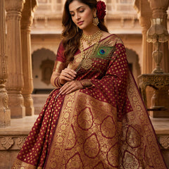 Maroon Banarasi Silk Saree with Golden Zari Butti Work, Traditional Woven Border & Rich Pallu for Women