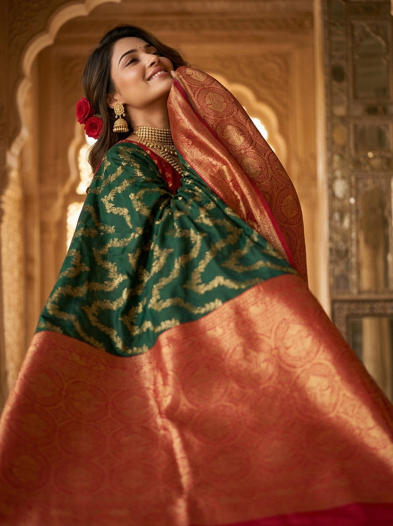Bottle Green & Red Jaal Motifs Banarasi Silk Saree