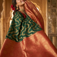 Bottle Green & Red Jaal Motifs Banarasi Silk Saree