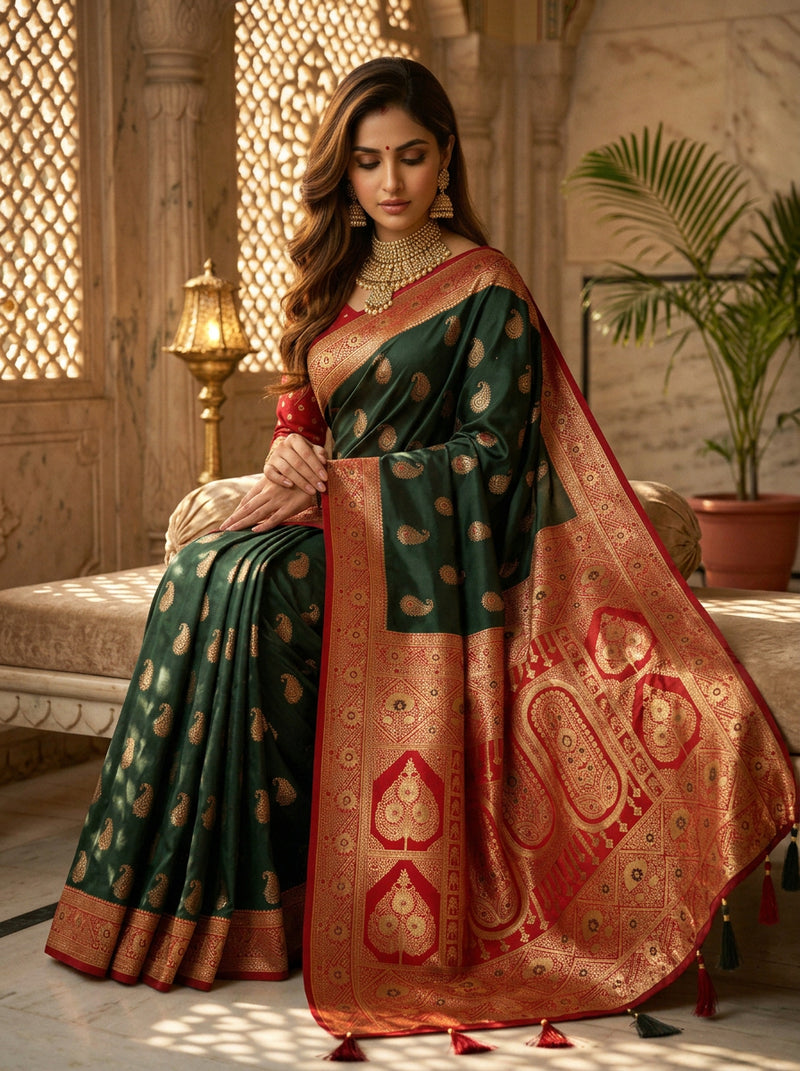 Majestic Bottle Green Art Silk Banarasi Saree with Crimson Red Contrast Border & Blouse Piece