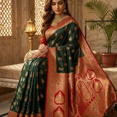 Majestic Bottle Green Art Silk Banarasi Saree with Crimson Red Contrast Border & Blouse Piece