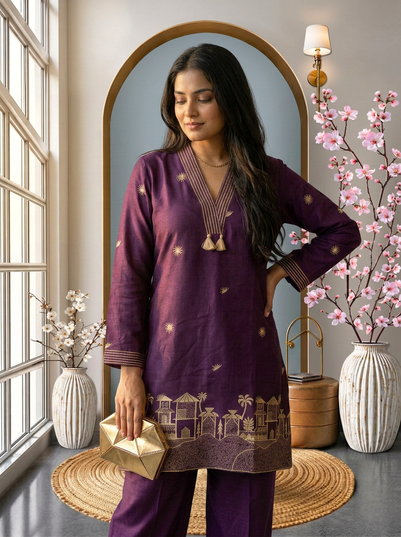 Heritage Elegance: Deep Purple Embroidered Kurta Co-ord Set with Tassels