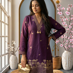 Heritage Elegance: Deep Purple Embroidered Kurta Co-ord Set with Tassels