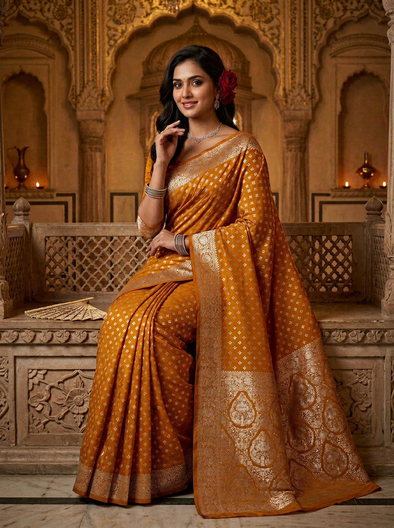 Mustard Yellow Banarasi Silk Saree with Golden Zari Butti Work, Woven Border & Rich Designer Pallu for Women