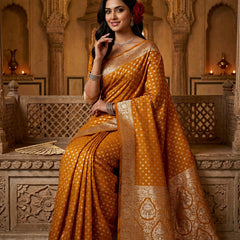 Mustard Yellow Banarasi Silk Saree with Golden Zari Butti Work, Woven Border & Rich Designer Pallu for Women