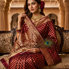 Maroon Banarasi Silk Saree with Golden Zari Butti Work, Traditional Woven Border & Rich Pallu for Women