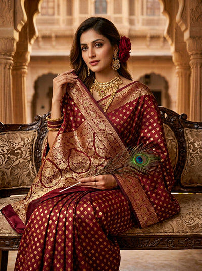 Maroon Banarasi Silk Saree with Golden Zari Butti Work, Traditional Woven Border & Rich Pallu for Women