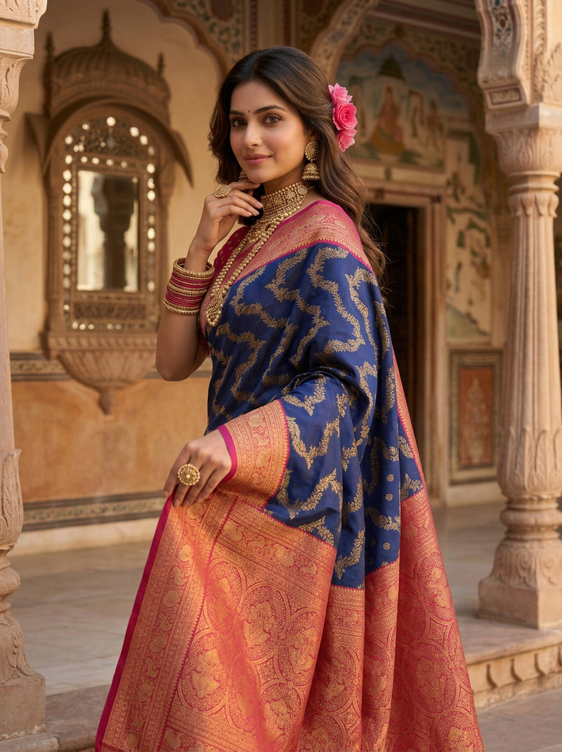 Royal Blue Art Silk Banarasi Saree with Magenta Pink Contrast Border & Blouse Piece