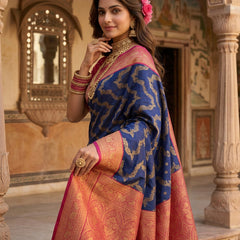Royal Blue Art Silk Banarasi Saree with Magenta Pink Contrast Border & Blouse Piece