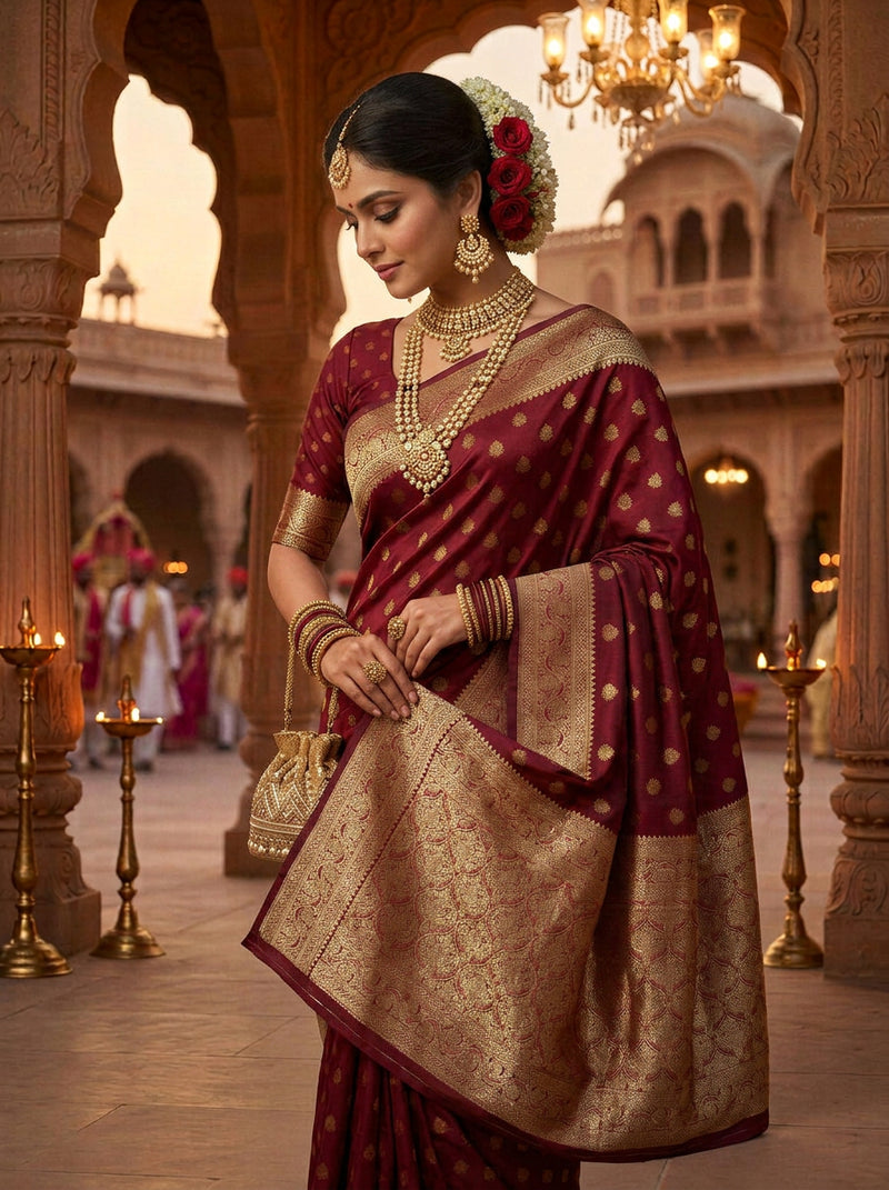 Maroon Banarasi Silk Saree with Golden Zari Butti Work, Traditional Woven Border & Rich Pallu for Women