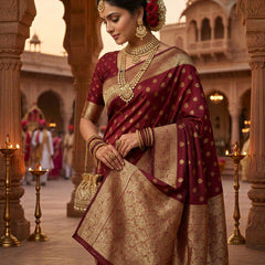 Maroon Banarasi Silk Saree with Golden Zari Butti Work, Traditional Woven Border & Rich Pallu for Women