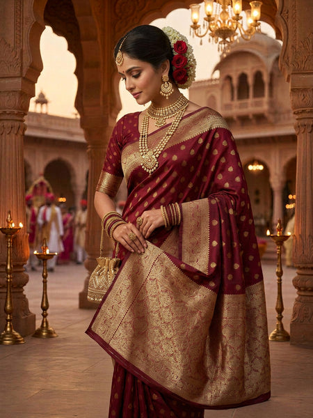 Maroon Banarasi Silk Saree with Golden Zari Butti Work, Traditional Woven Border & Rich Pallu for Women
