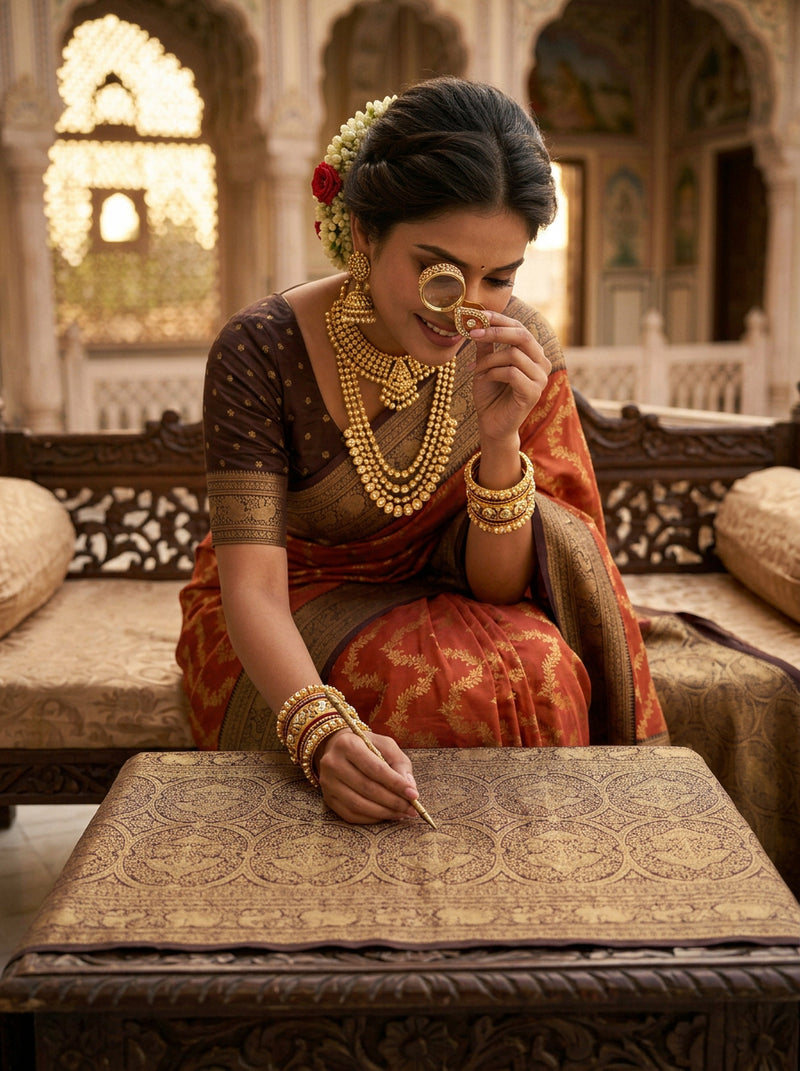 Rust Orange Art Silk Banarasi Saree with Deep Brown Contrast Border & Blouse Piece