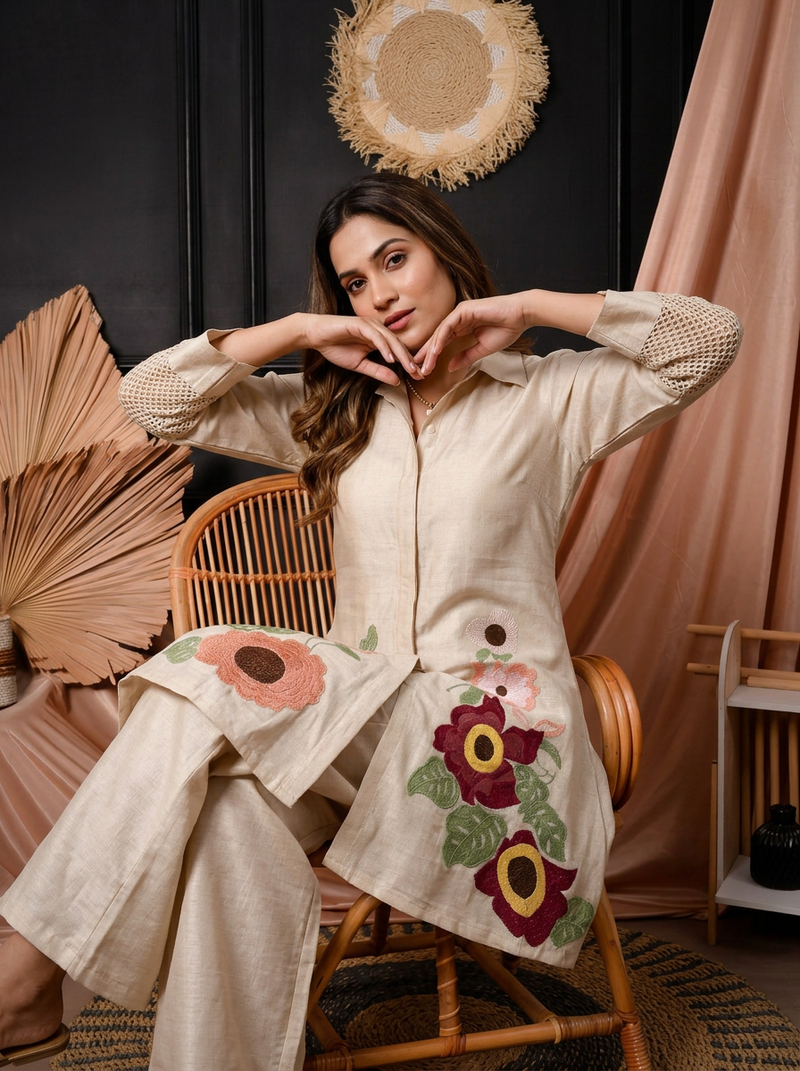 Ivory Floral Embroidered Shirt-Style Co-ord with Cutwork Sleeves