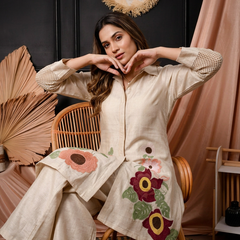 Ivory Floral Embroidered Shirt-Style Co-ord with Cutwork Sleeves