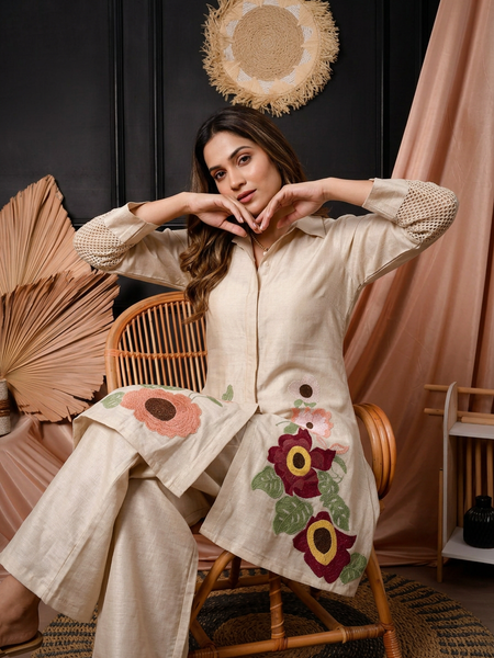 Ivory Floral Embroidered Shirt-Style Co-ord with Cutwork Sleeves