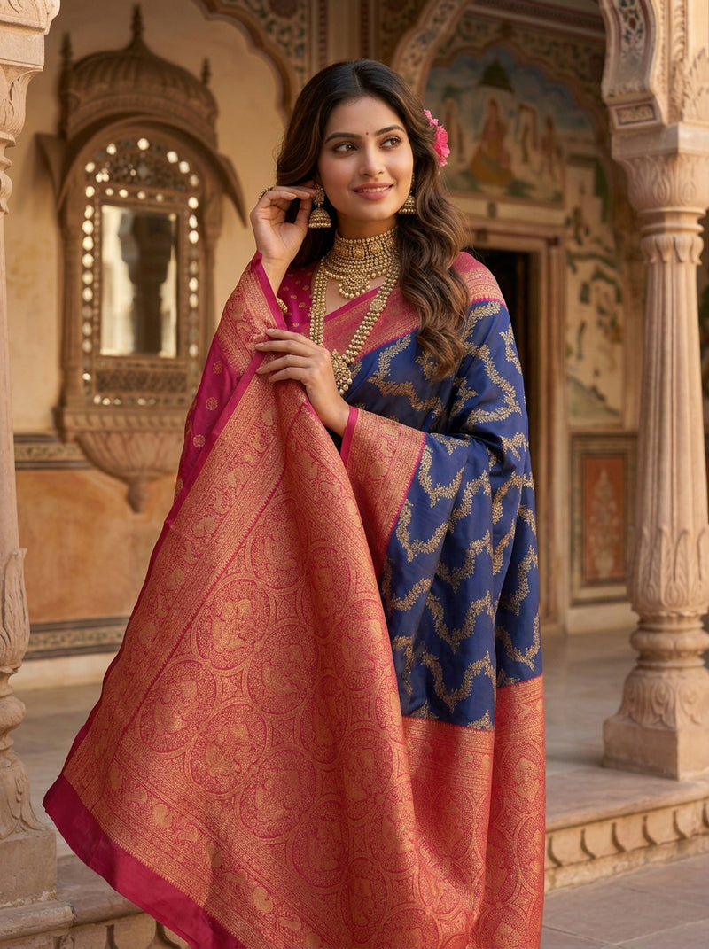 Royal Blue Art Silk Banarasi Saree with Magenta Pink Contrast Border & Blouse Piece