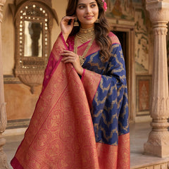 Royal Blue Art Silk Banarasi Saree with Magenta Pink Contrast Border & Blouse Piece