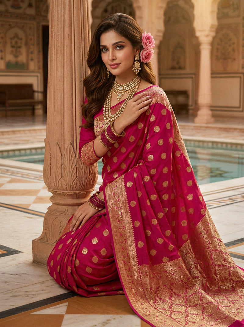 Rani Pink Banarasi Silk Saree with Golden Zari Butti Work, Broad Woven Border & Rich Designer Pallu for Women