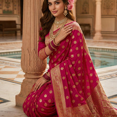 Rani Pink Banarasi Silk Saree with Golden Zari Butti Work, Broad Woven Border & Rich Designer Pallu for Women