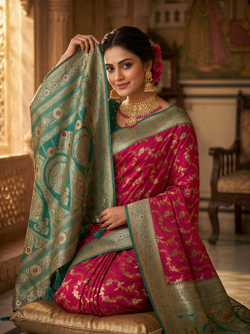 Vibrant Magenta Pink Art Silk Banarasi Saree with Sea Green Contrast Border & Blouse Piece