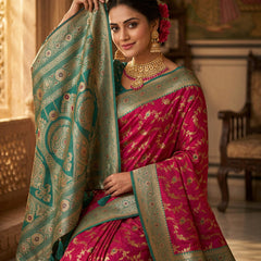 Vibrant Magenta Pink Art Silk Banarasi Saree with Sea Green Contrast Border & Blouse Piece