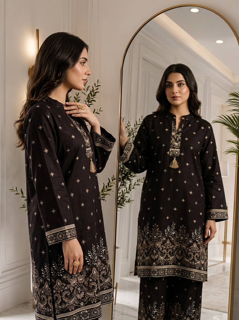Black Border-Print Kurta Palazzo Co-ord Set