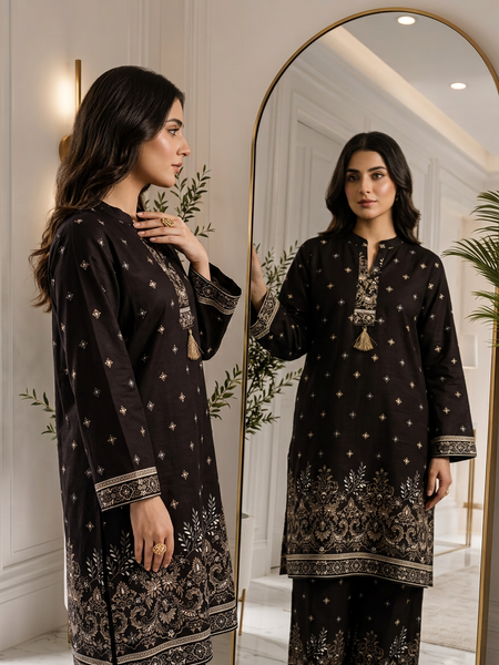 Black Border-Print Kurta Palazzo Co-ord Set