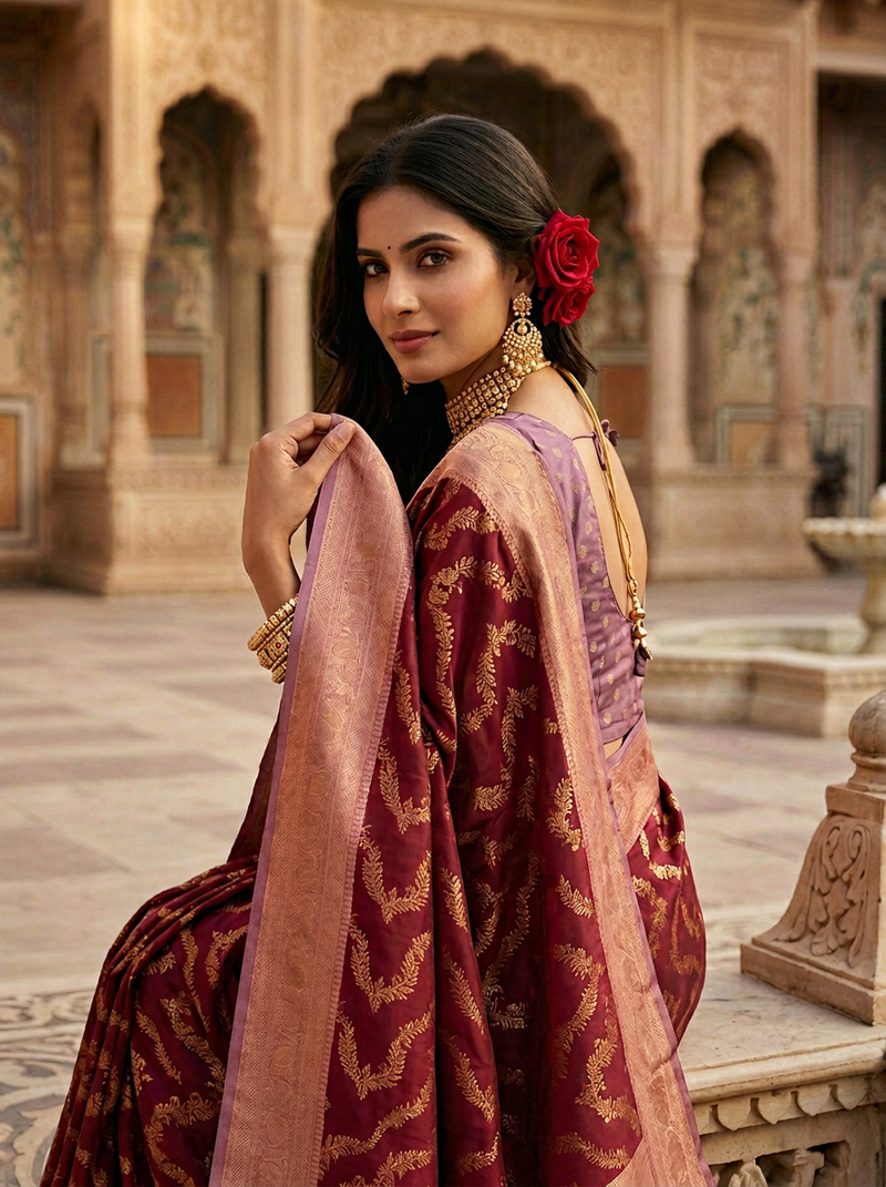 Maroon Red Art Silk Banarasi Saree with Dusty Lavender-Pink Contrast Pallu & Blouse Piece