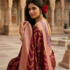 Maroon Red Art Silk Banarasi Saree with Dusty Lavender-Pink Contrast Pallu & Blouse Piece