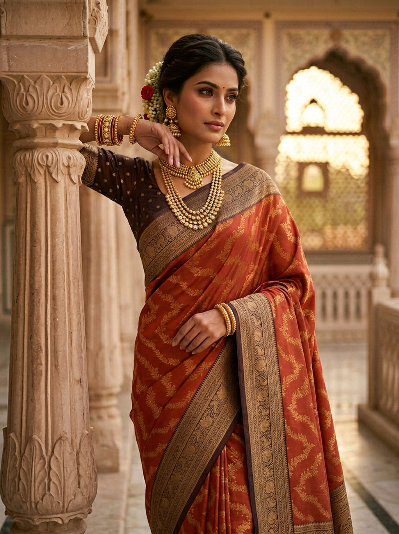 Rust Orange Art Silk Banarasi Saree with Deep Brown Contrast Border & Blouse Piece
