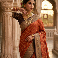 Rust Orange Art Silk Banarasi Saree with Deep Brown Contrast Border & Blouse Piece