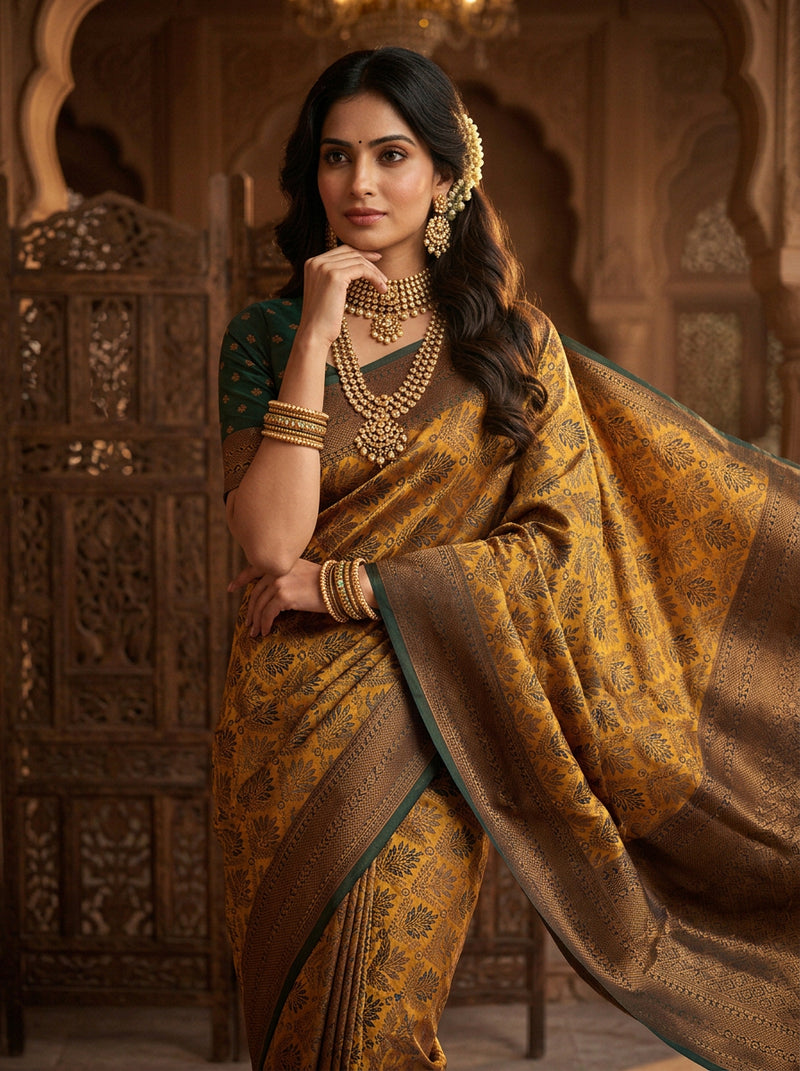 Antique Golden & Bottle Green Jacquard Woven Saree with Rich Copper Zari Border & Pallu
