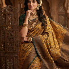 Antique Golden & Bottle Green Jacquard Woven Saree with Rich Copper Zari Border & Pallu