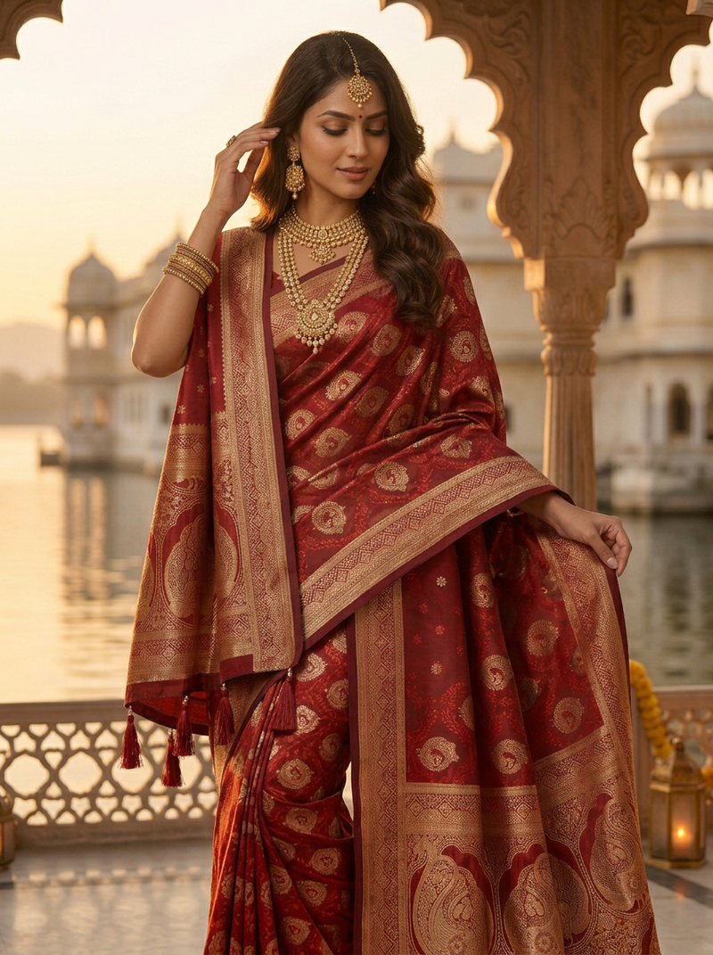Bridal Red Banarasi Silk Saree with Golden Paisley Zari Work, Rich Woven Border & Traditional Designer Pallu for Women