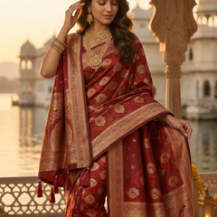 Bridal Red Banarasi Silk Saree with Golden Paisley Zari Work, Rich Woven Border & Traditional Designer Pallu for Women
