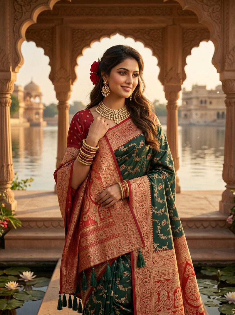 Majestic Bottle Green Banarasi Silk Saree with Crimson Red Contrast Border & Blouse Piece