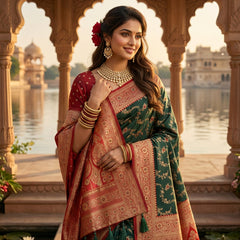 Majestic Bottle Green Banarasi Silk Saree with Crimson Red Contrast Border & Blouse Piece
