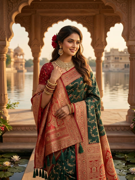 Majestic Bottle Green Banarasi Silk Saree with Crimson Red Contrast Border & Blouse Piece