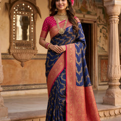 Royal Blue Art Silk Banarasi Saree with Magenta Pink Contrast Border & Blouse Piece