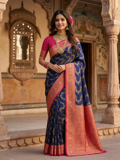 Royal Blue Art Silk Banarasi Saree with Magenta Pink Contrast Border & Blouse Piece
