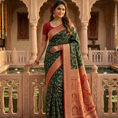 Majestic Bottle Green Banarasi Silk Saree with Crimson Red Contrast Border & Blouse Piece