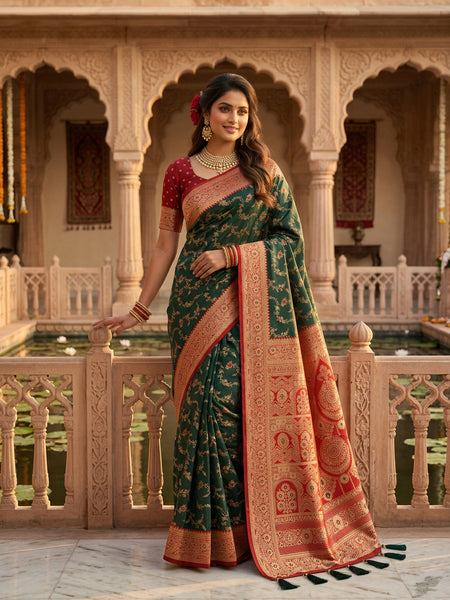 Majestic Bottle Green Banarasi Silk Saree with Crimson Red Contrast Border & Blouse Piece
