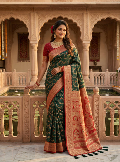 Majestic Bottle Green Banarasi Silk Saree with Crimson Red Contrast Border & Blouse Piece