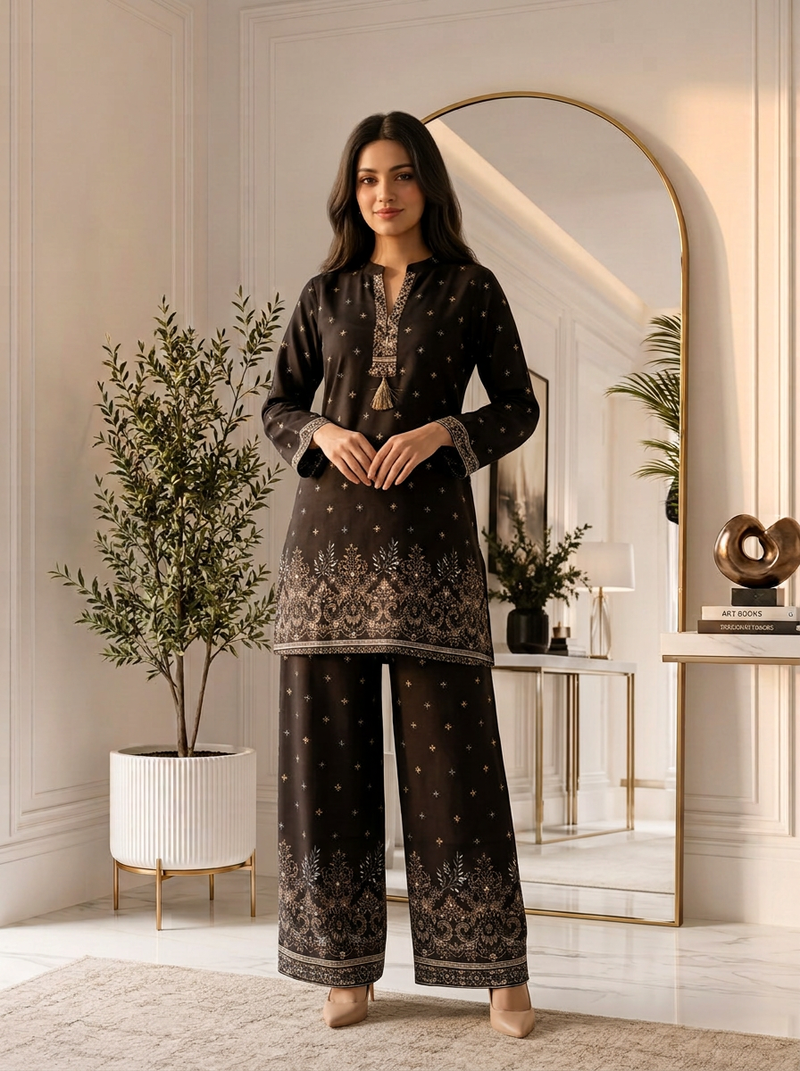 Black Border-Print Kurta Palazzo Co-ord Set