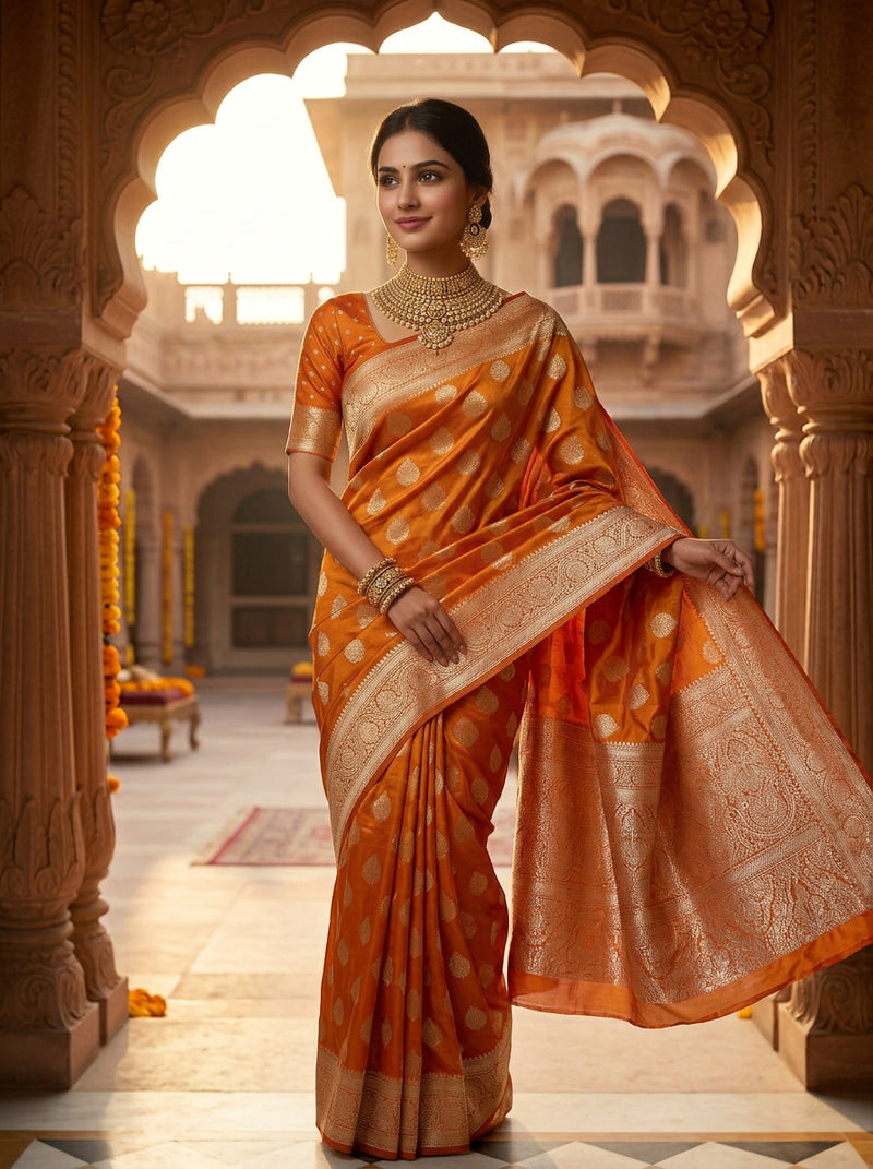 Orange Banarasi Silk Saree with Golden Zari Butti Work, Rich Woven Border & Traditional Designer Pallu for Women