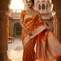 Orange Banarasi Silk Saree with Golden Zari Butti Work, Rich Woven Border & Traditional Designer Pallu for Women